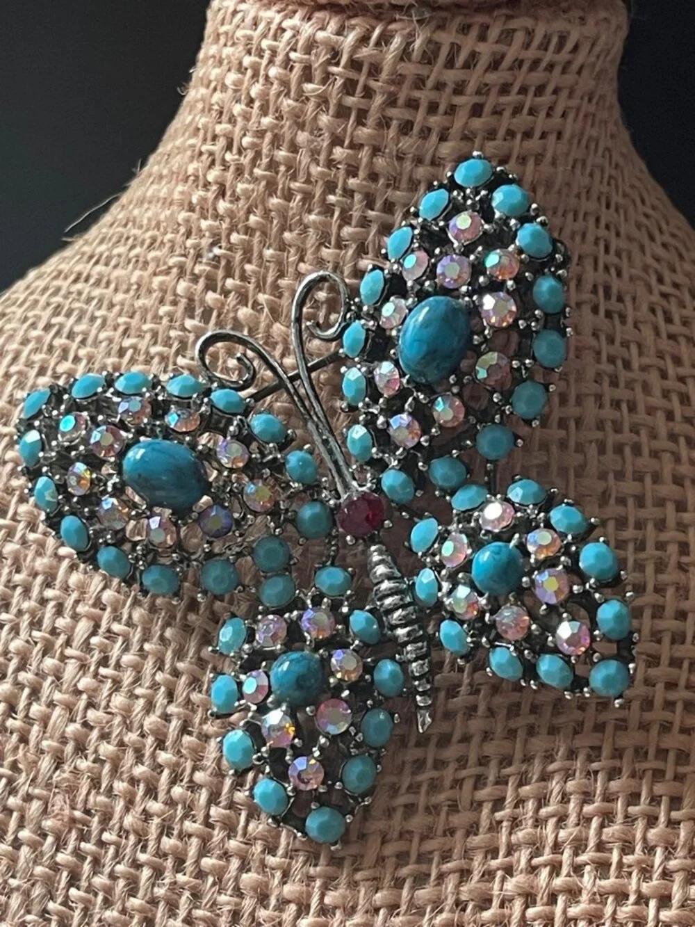 VTG Weiss Bejeweled Butterfly Brooch Turquoise Cabochons & Rhinestones 3.5